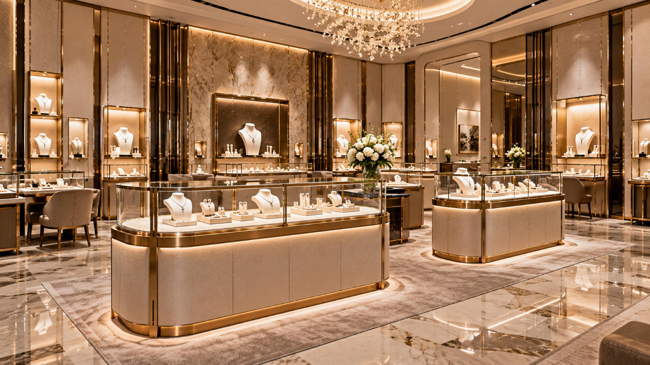 Completed luxury jewelry brand boutique using coordinated custom fixtures premium materials lighting and refined jewelry presentation