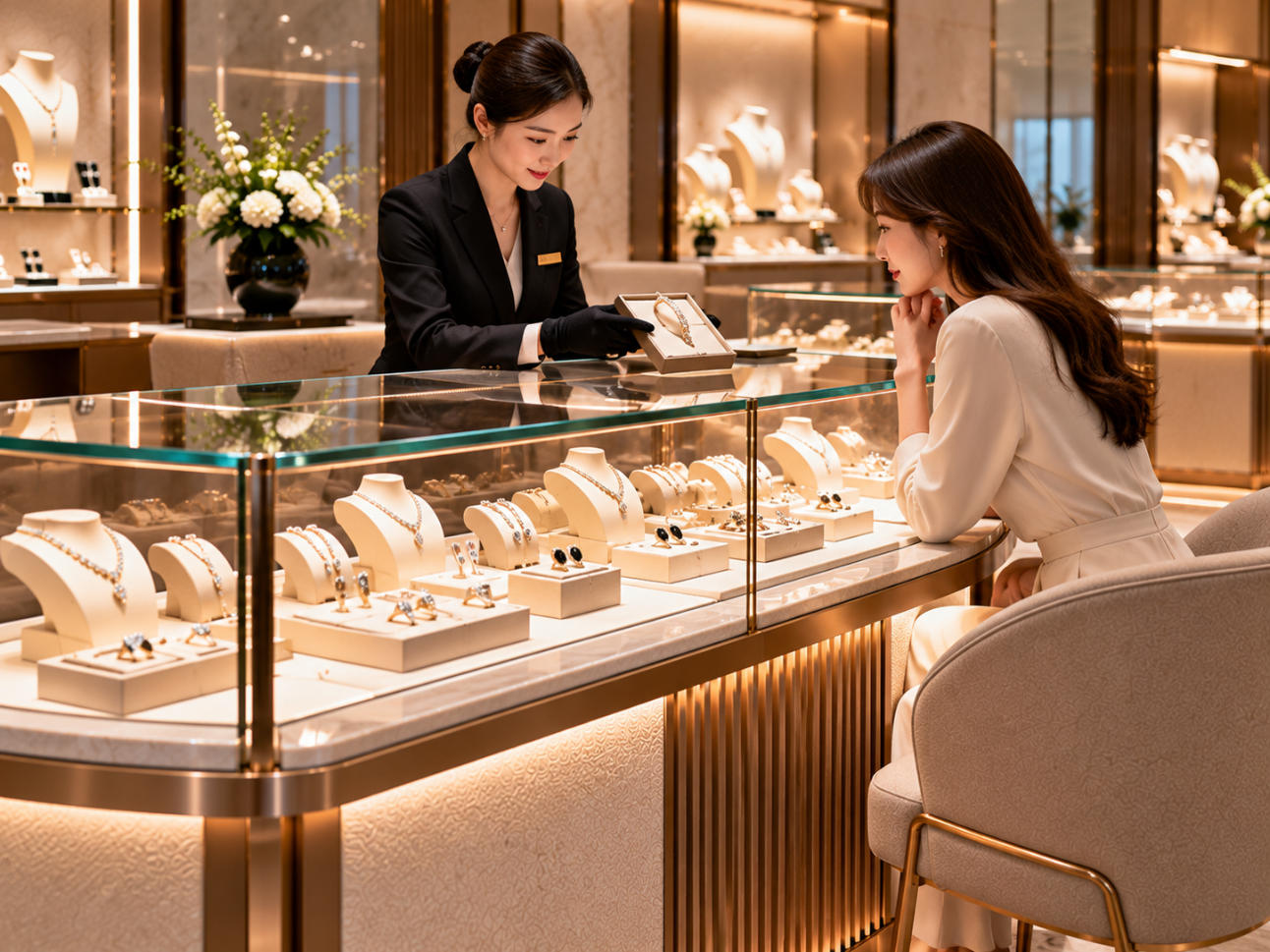 Luxury jewelry display counter detail showing customer viewing glass jewelry presentation integrated lighting staff access and refined counter materials