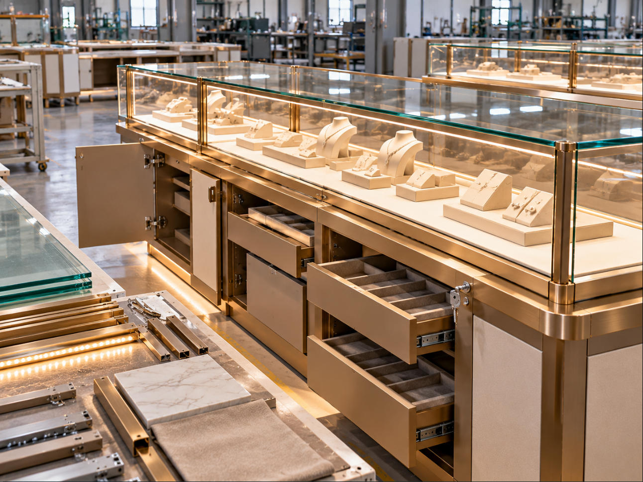 Luxury jewelry display counter manufacturing coordinating low iron glass metal framing cabinetry drawers integrated lighting and refined finishes