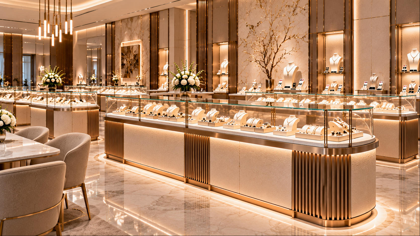 Luxury jewelry display counters combining clear glass refined materials integrated lighting secure storage and elegant customer presentation