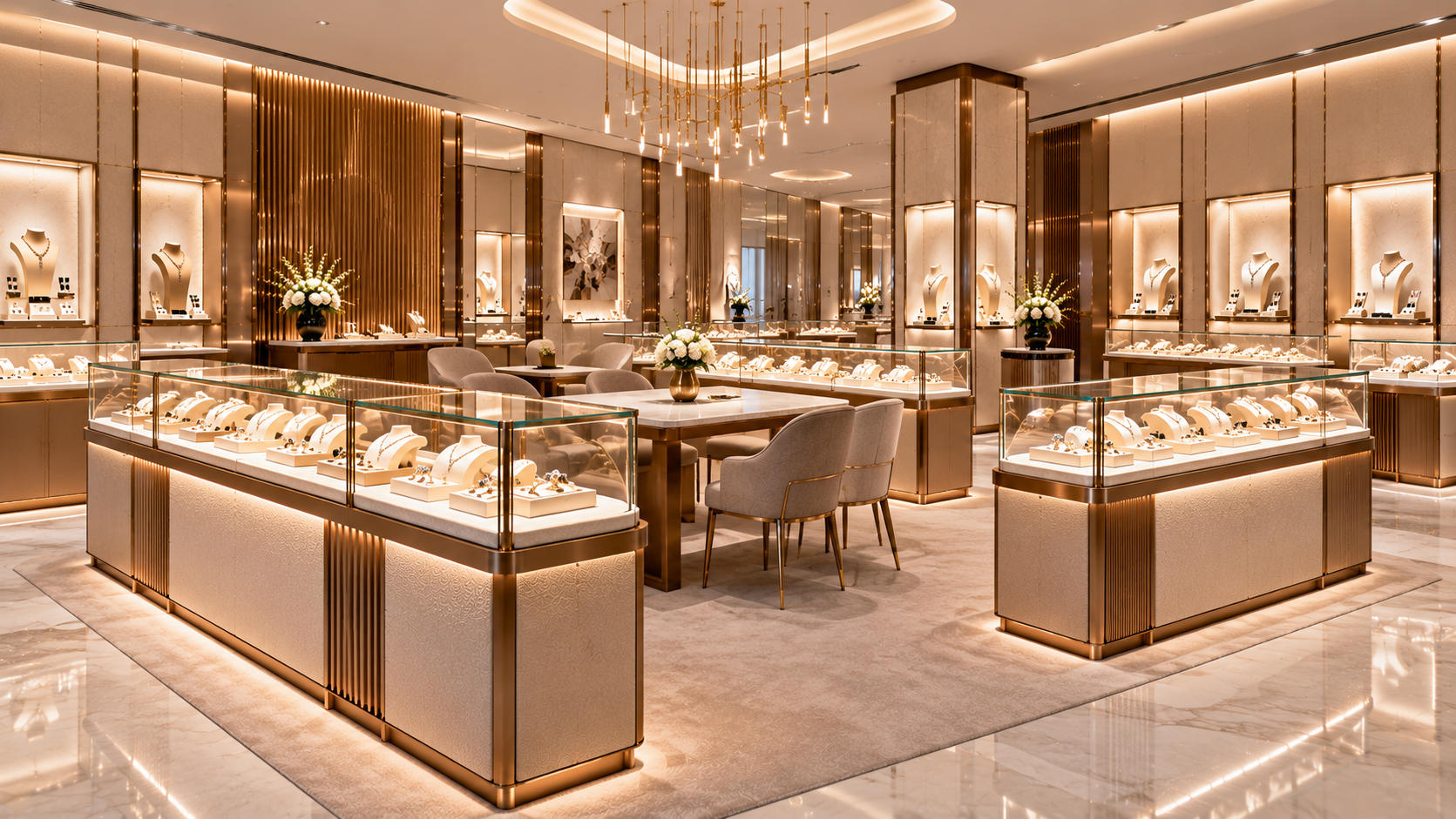Completed luxury jewelry store using coordinated custom display counters with refined glass premium materials integrated lighting and assisted selling areas