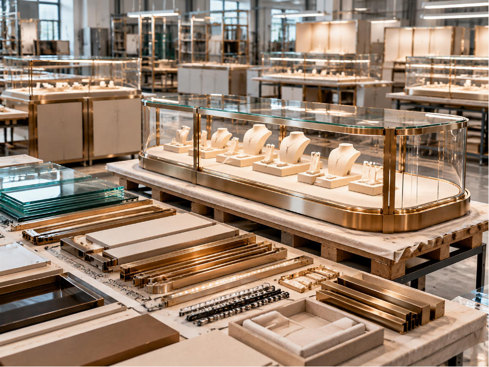 Luxury jewelry fixture manufacturing coordinating glass metal cabinetry lighting and premium finishing for branded retail projects