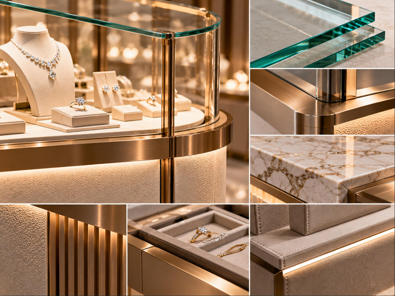 Luxury jewelry store fixture material detail combining low iron glass refined metal stone premium fabric lighting and precise construction
