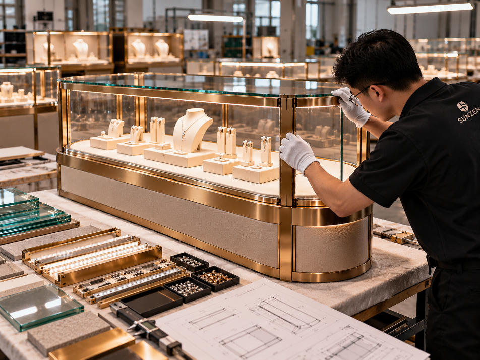 Quality control checking luxury jewelry fixtures glass alignment metal finishes lighting hardware and construction details before delivery