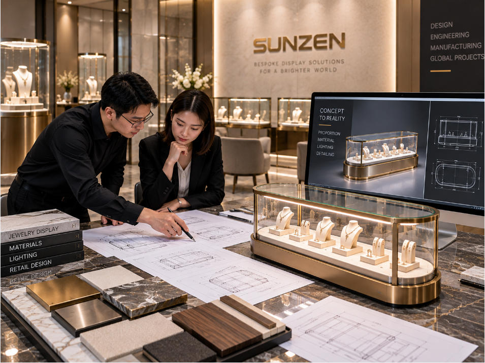 Luxury jewelry showcase design development with proportions materials glass lighting and premium retail presentation
