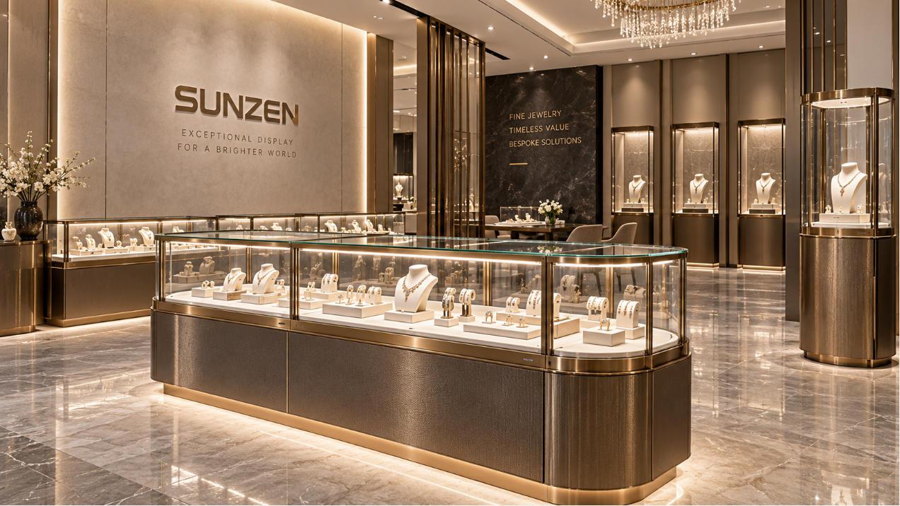 Luxury jewelry showcase designed with premium glass refined materials integrated lighting and elegant presentation for high-end jewelry boutiques