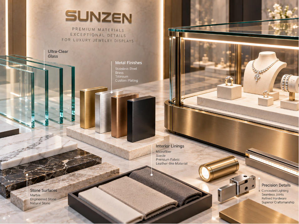 Luxury jewelry showcase premium materials including ultra-clear glass metal finishes stone interior surfaces and refined detailing