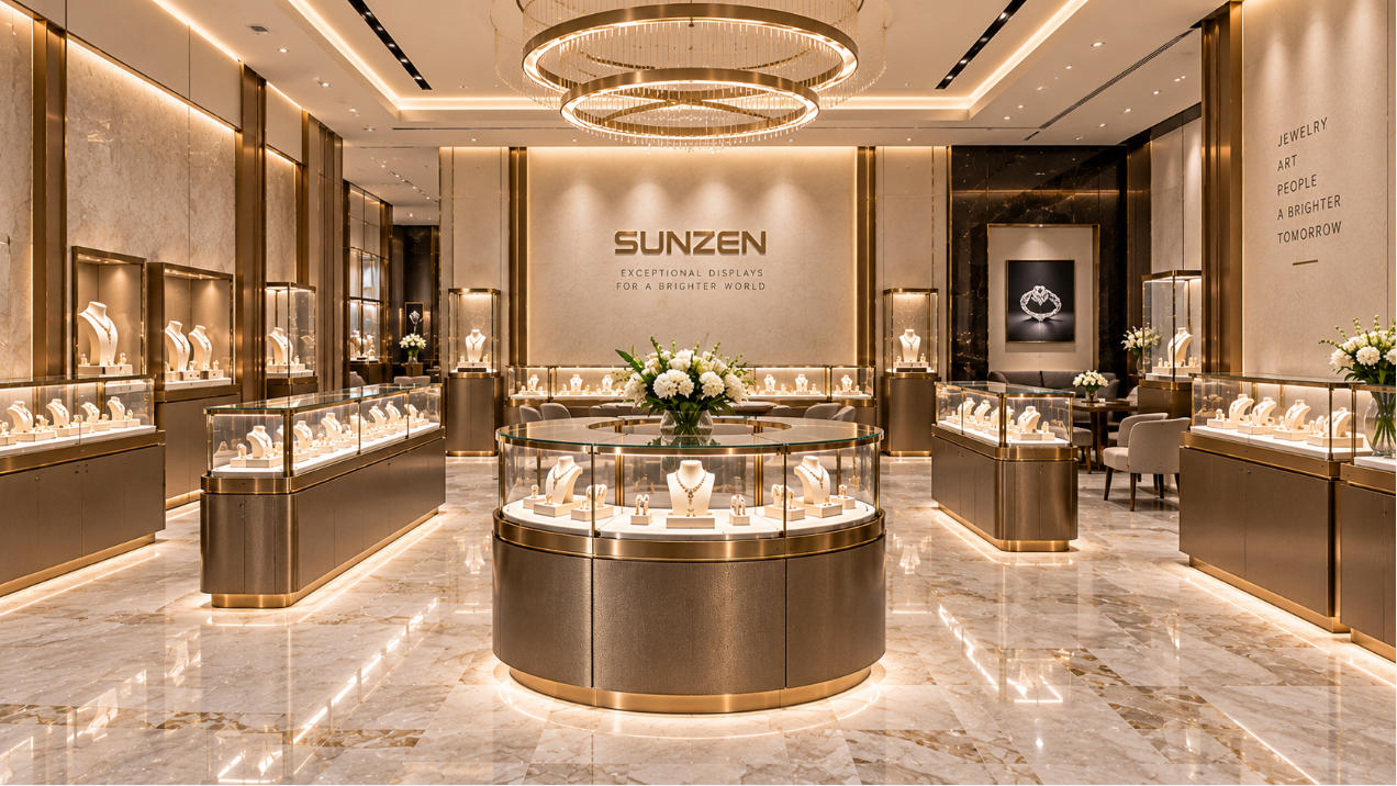 Completed luxury jewelry boutique project with coordinated custom showcases premium materials lighting and elegant jewelry presentation