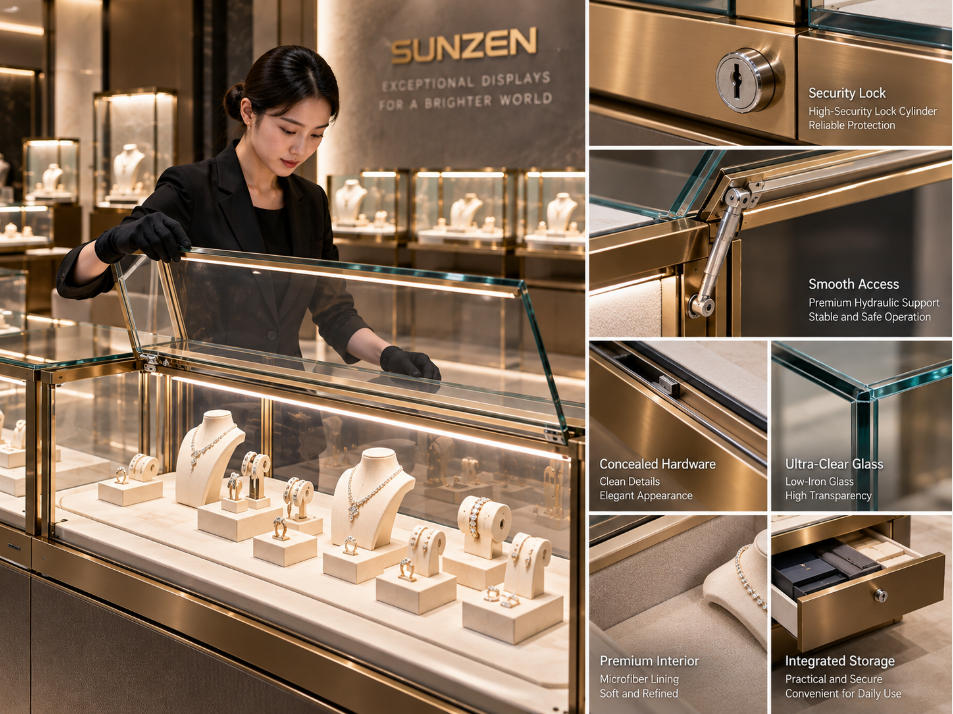 Luxury jewelry showcase security and access system with precision locks concealed hardware glass doors and staff operation