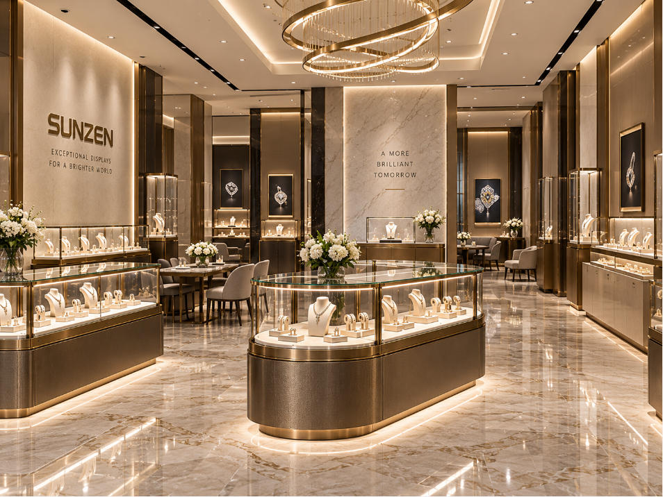 Luxury jewelry showcases coordinated within a high-end jewelry boutique interior with premium materials lighting and display architecture