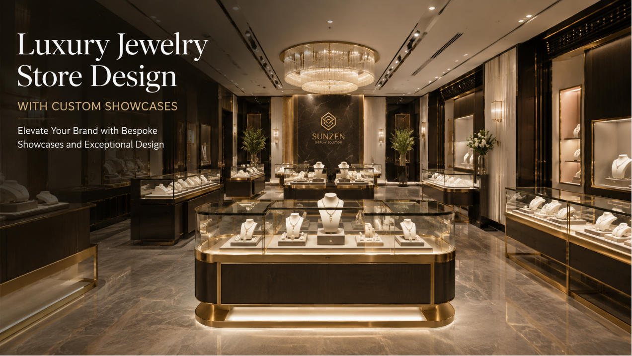 Luxury jewelry store design with custom showcases for high-end jewelry retail