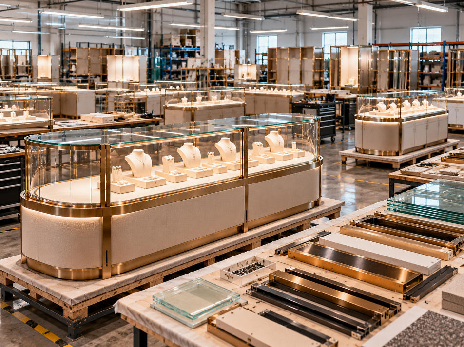 Jewelry showcase factory producing coordinated premium fixtures with glass metal cabinetry lighting and refined finishes for luxury brands