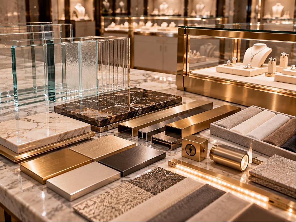 Luxury jewelry store fixture materials including low iron glass metal finishes stone surfaces premium fabrics and integrated lighting