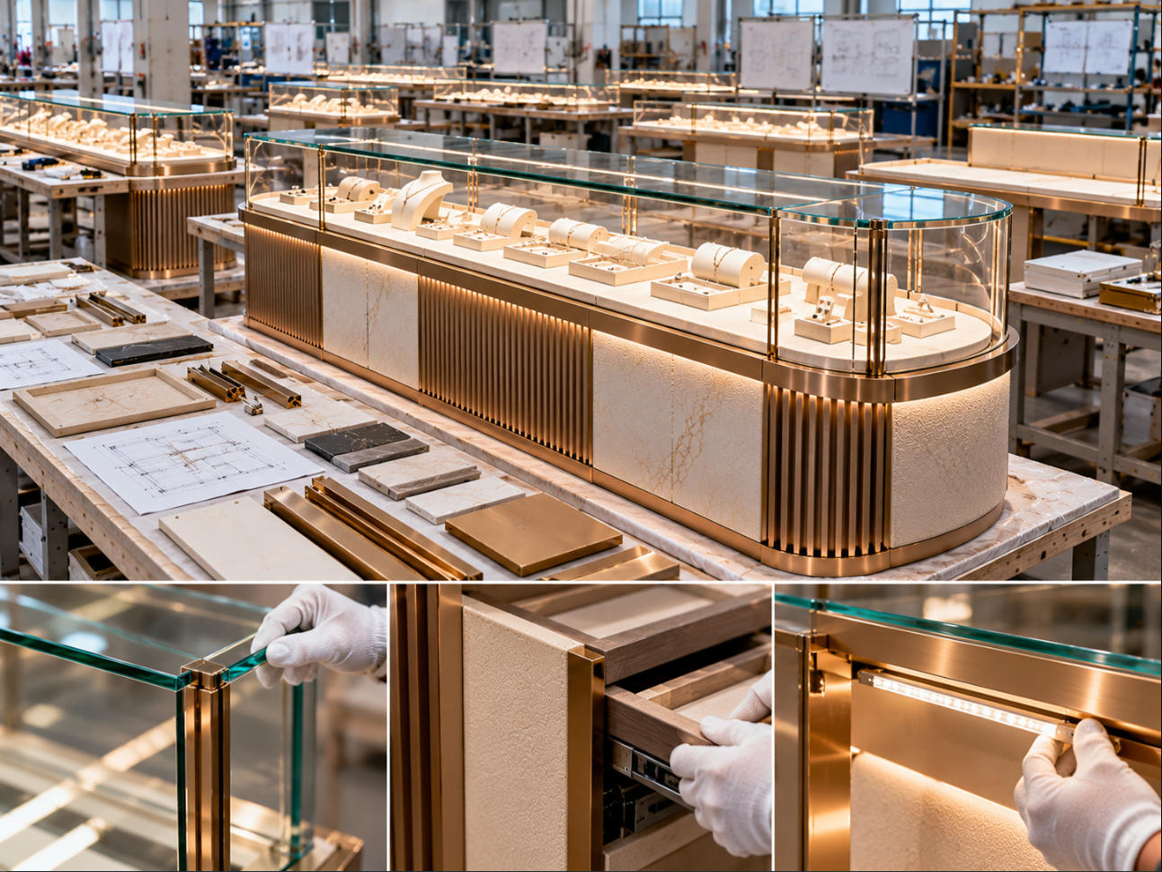 Luxury jewelry store fixture precision manufacturing checking glass alignment metal finishes cabinetry joints lighting and refined construction details