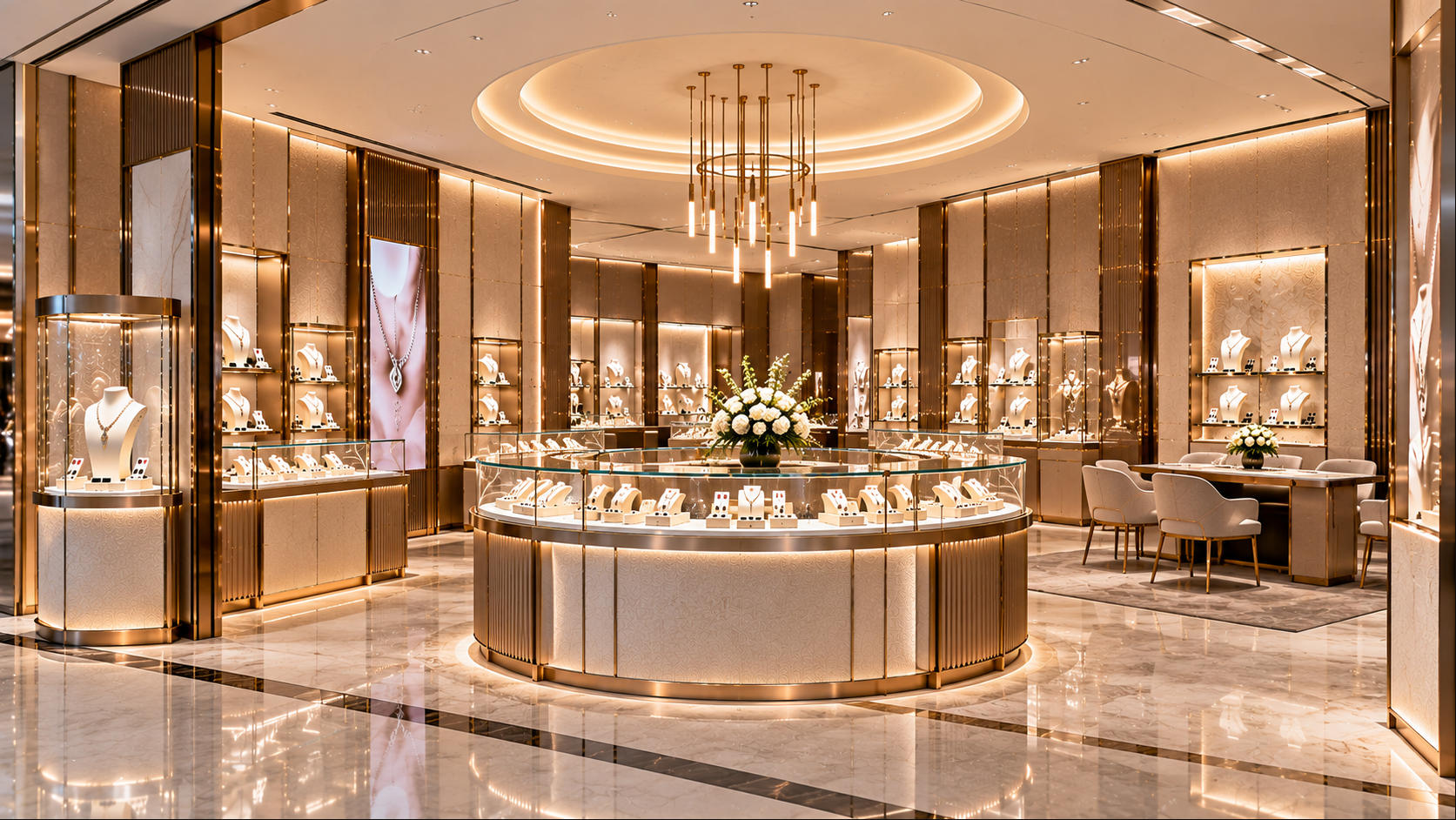 Luxury jewelry store fixtures combining refined showcases counters wall displays premium materials and elegant jewelry presentation