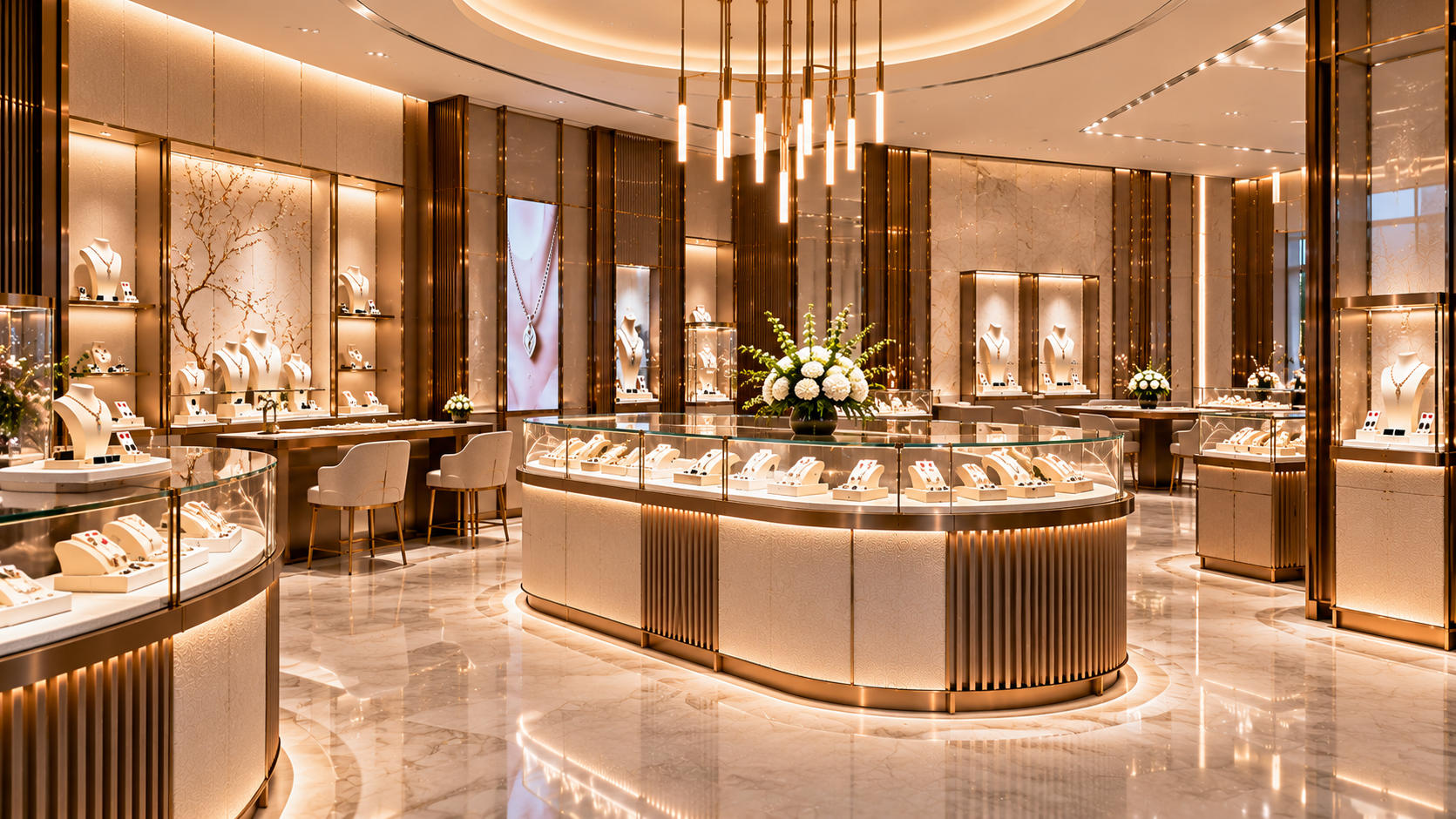 Completed luxury jewelry store using coordinated custom showcases counters wall displays islands and consultation fixtures with refined material detailing