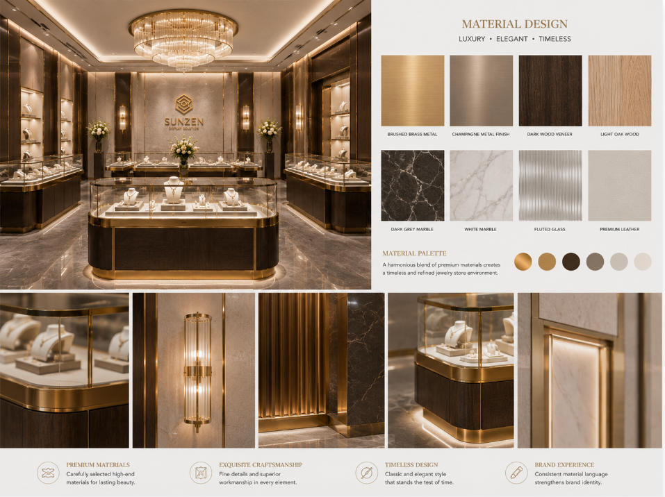 Luxury jewelry store material design with metal glass stone wood and premium finishes