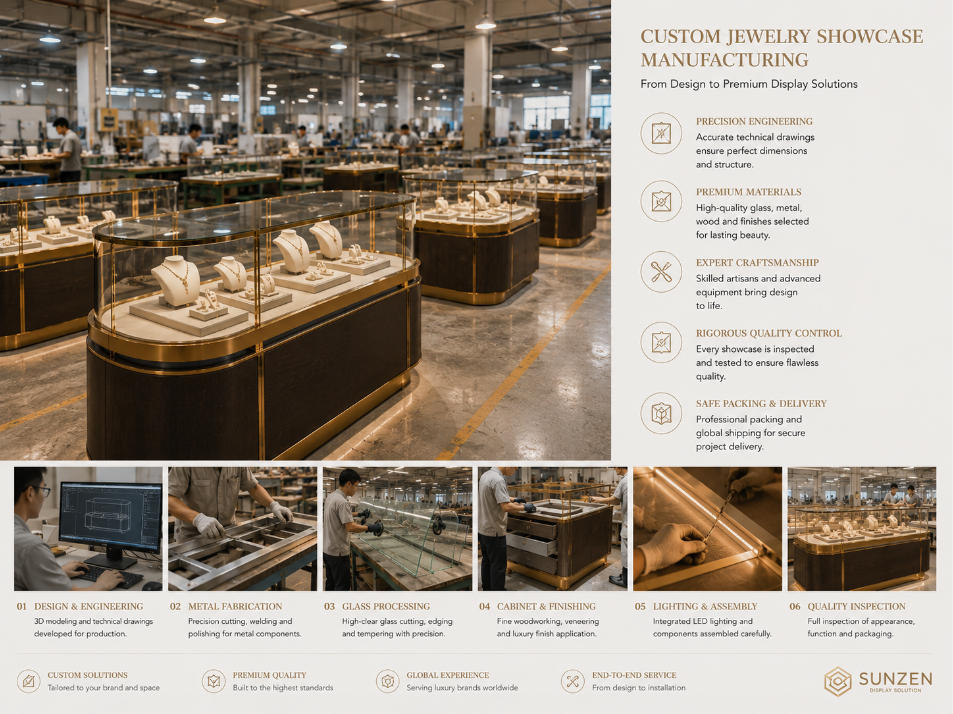 Custom jewelry showcase manufacturing for luxury jewelry store design project