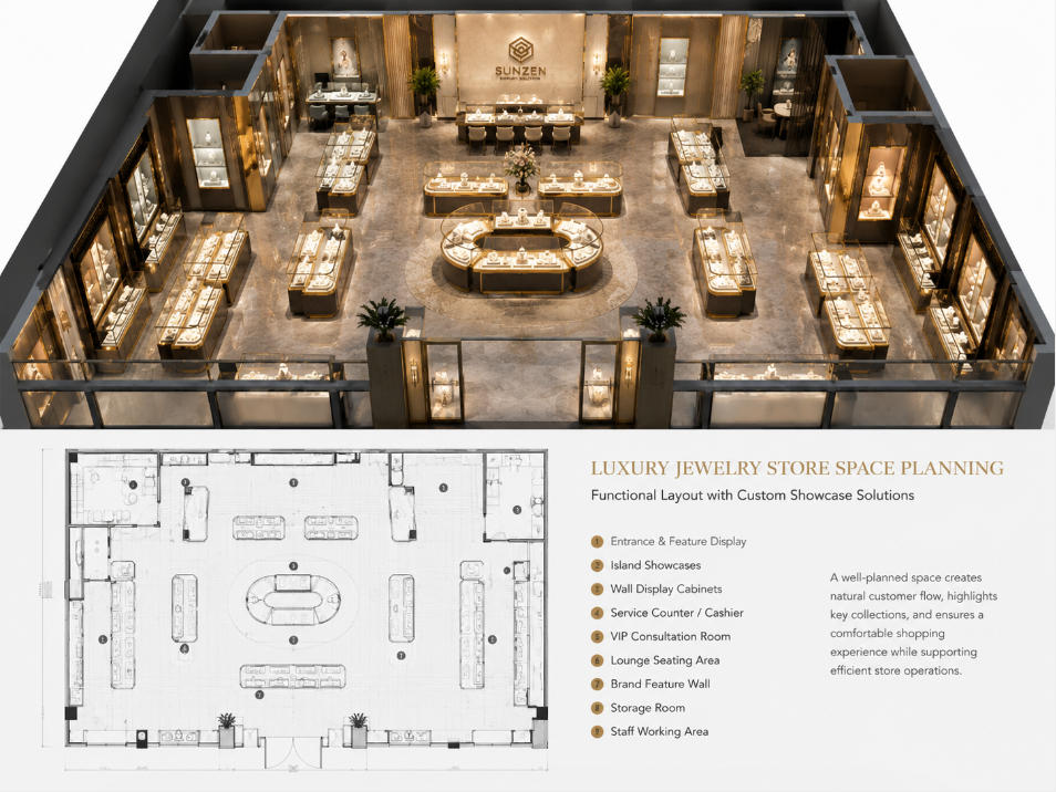 Luxury jewelry store space planning with custom showcase layout
