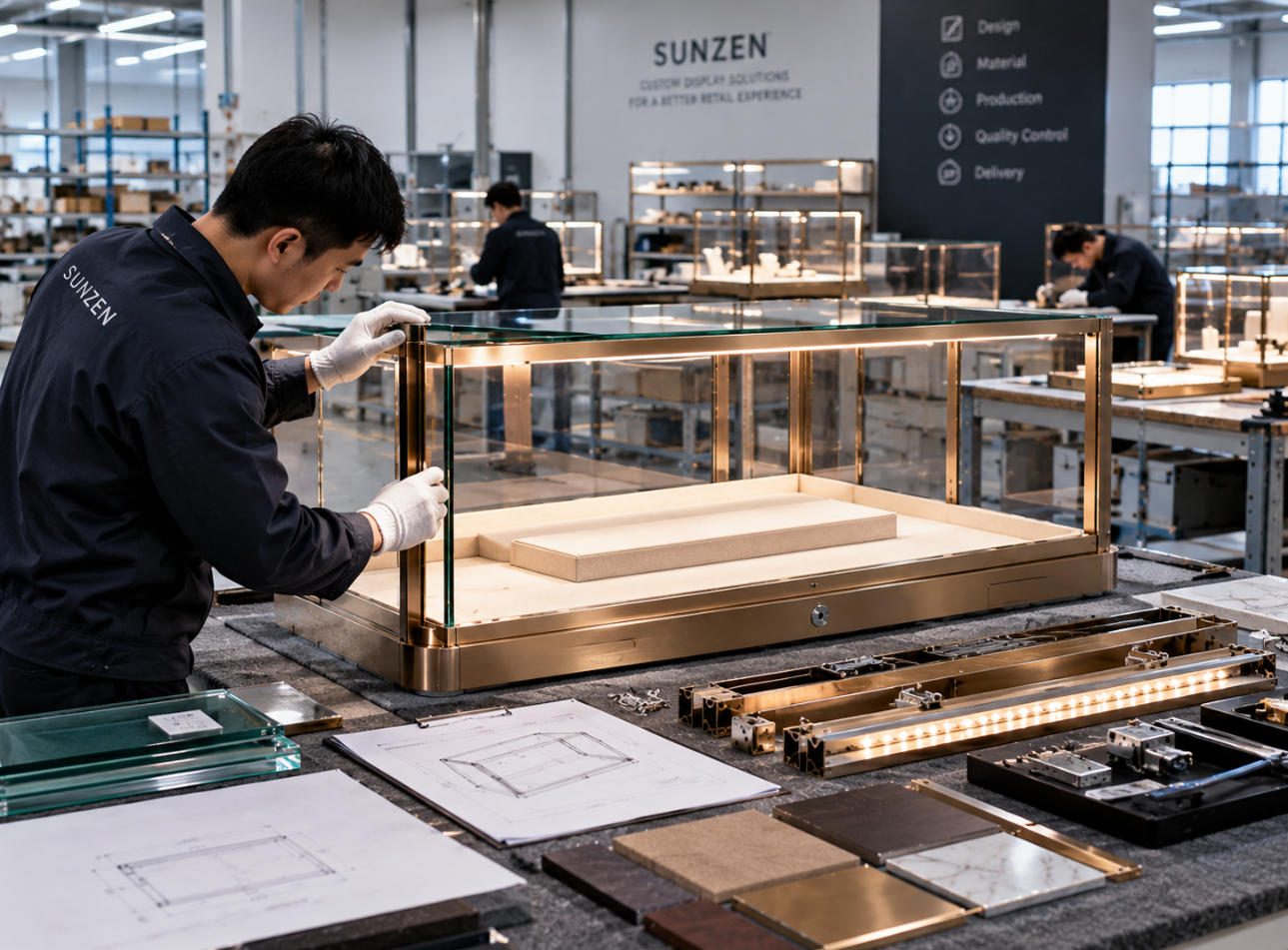 Luxury retail display case manufacturing process coordinating glass panels metal frames cabinetry precision hardware lighting components and finish inspection