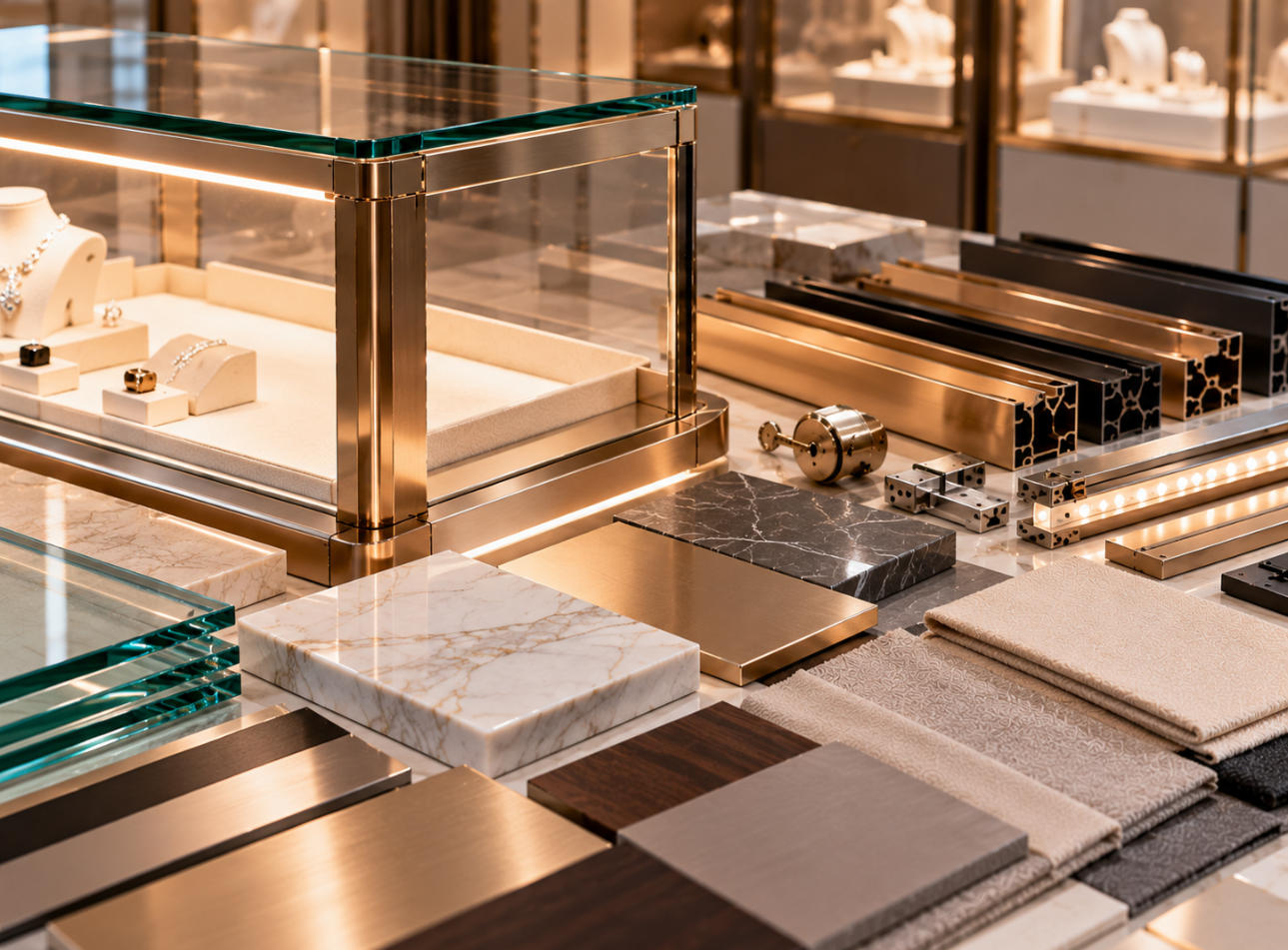 Luxury retail display case material details showing clear glass refined metal framing premium stone cabinetry finish and integrated product lighting