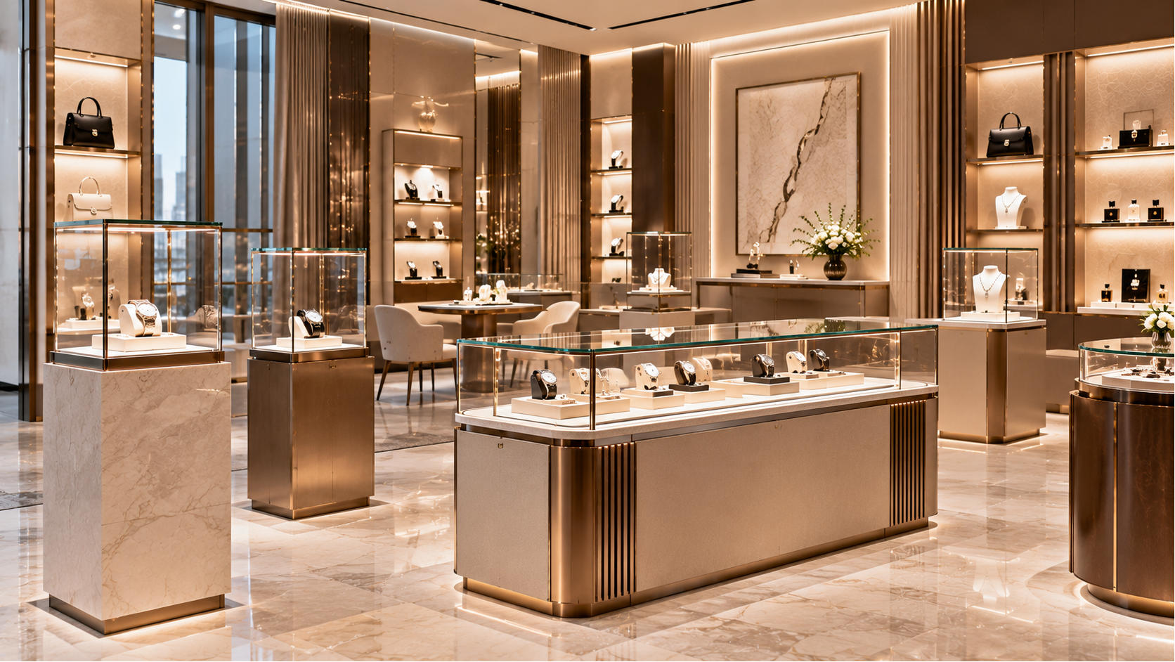 Luxury retail display cases combining premium glass showcases illuminated product presentation refined metal frames and coordinated high end retail display furniture