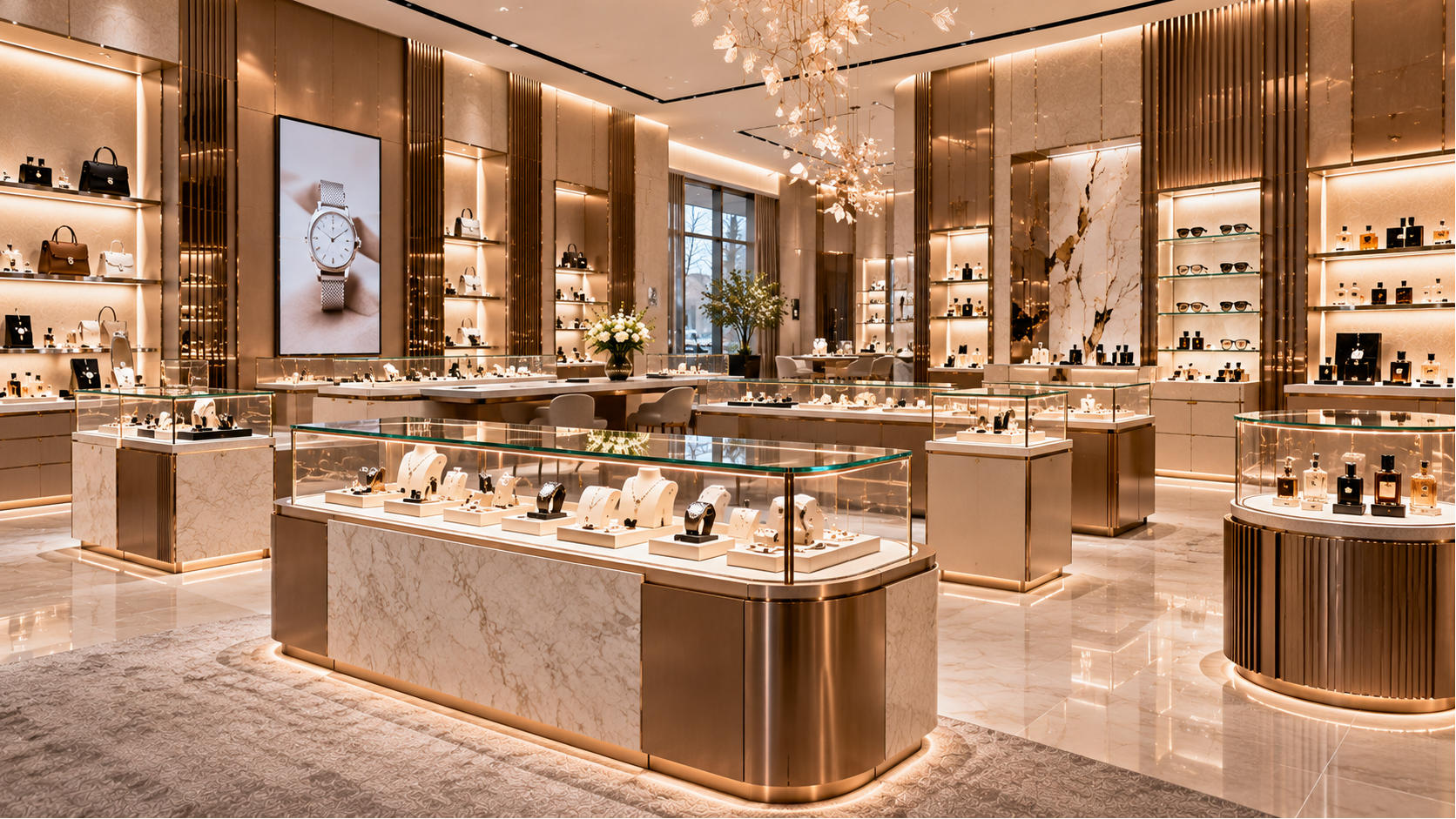 Completed premium luxury retail environment with coordinated glass display cases illuminated showcases refined counters wall displays and custom retail fixtures