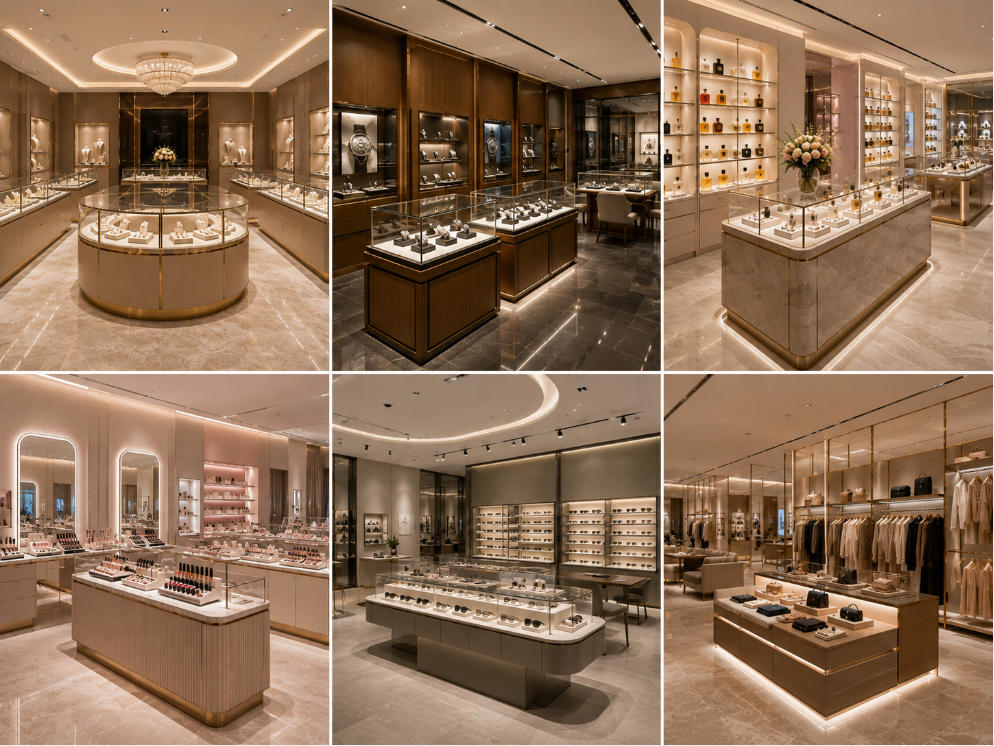 Luxury retail fixture categories for jewelry watch perfume cosmetics optical and fashion stores