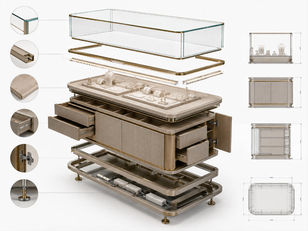 Exploded engineering view of custom luxury retail display fixture