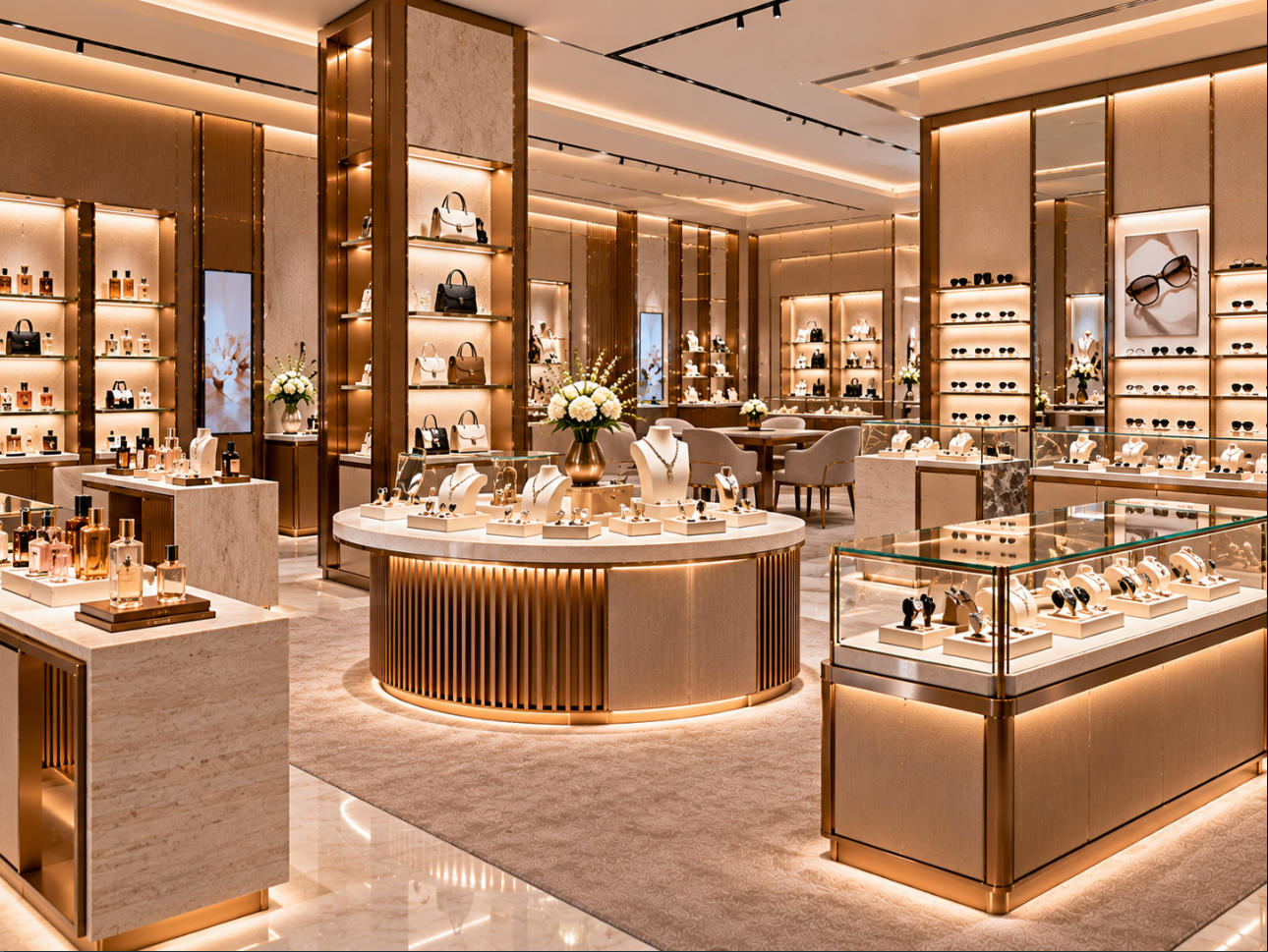 Luxury retail fixture system showing coordinated display solutions for jewelry watches perfume eyewear fashion accessories and premium retail products
