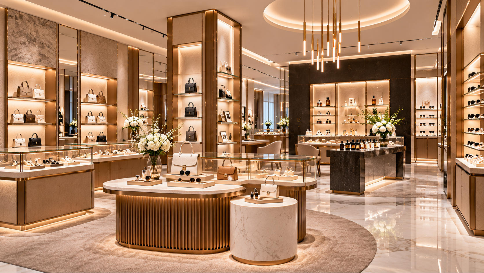 Luxury retail fixtures creating a refined branded store environment with custom displays showcases counters wall systems and premium materials