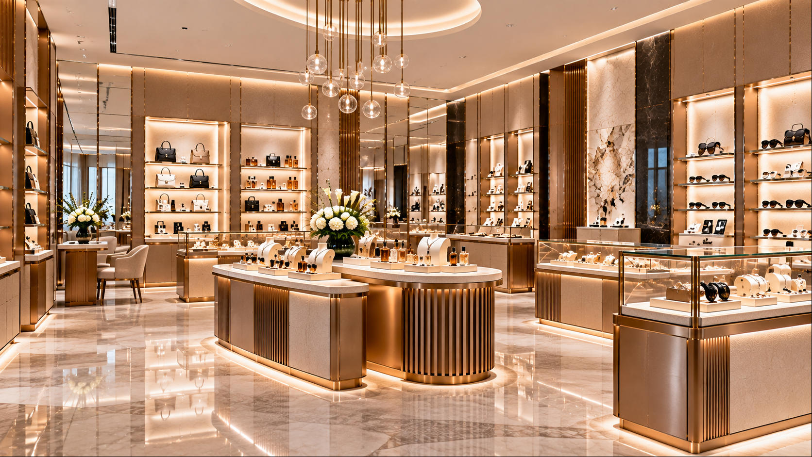 Completed luxury retail environment using coordinated custom fixtures showcases counters wall displays millwork and premium material finishes