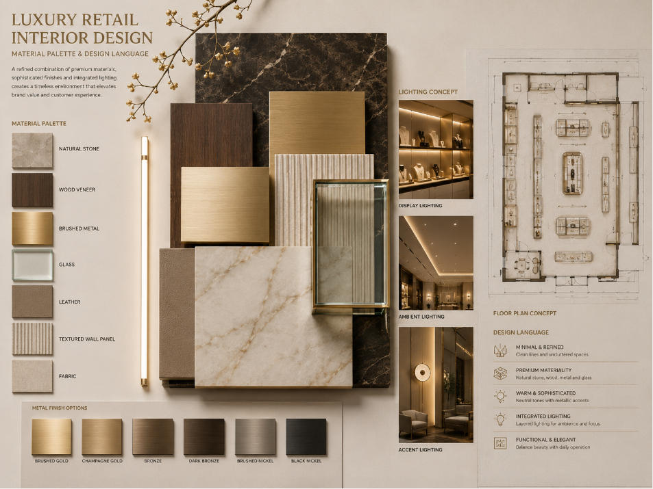 Luxury retail interior design with premium materials metal finishes lighting and coordinated display fixtures