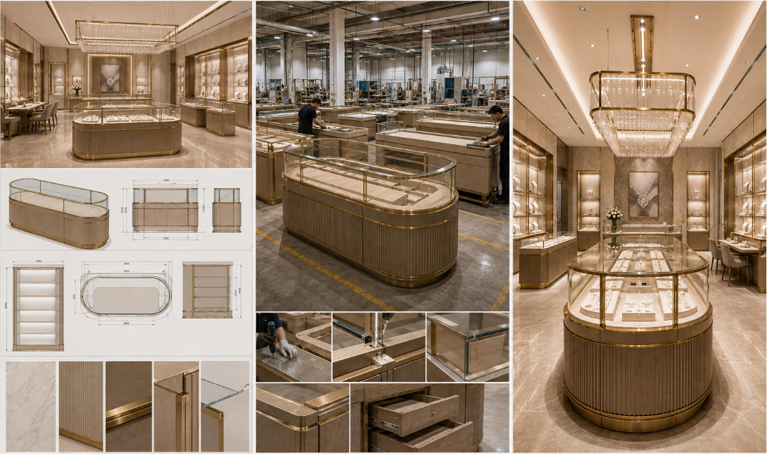 Luxury retail fixture project from CAD design and manufacturing to completed boutique