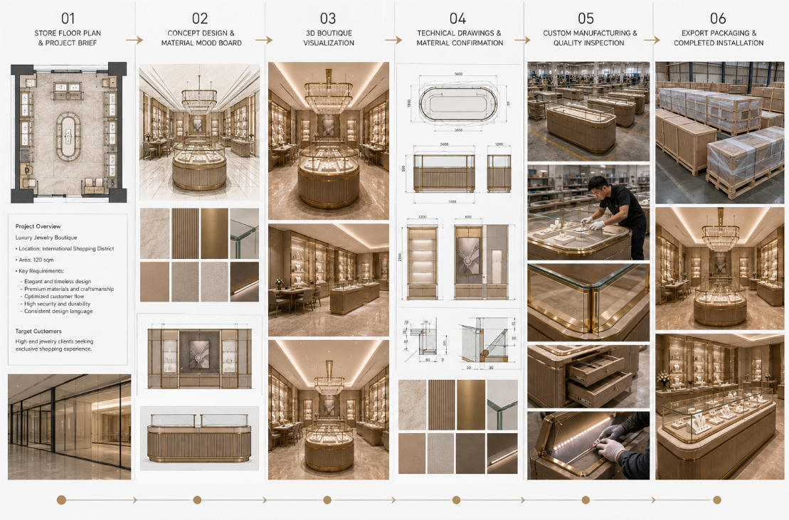 Luxury retail fixture project workflow from floor plan and concept design to manufacturing and delivery