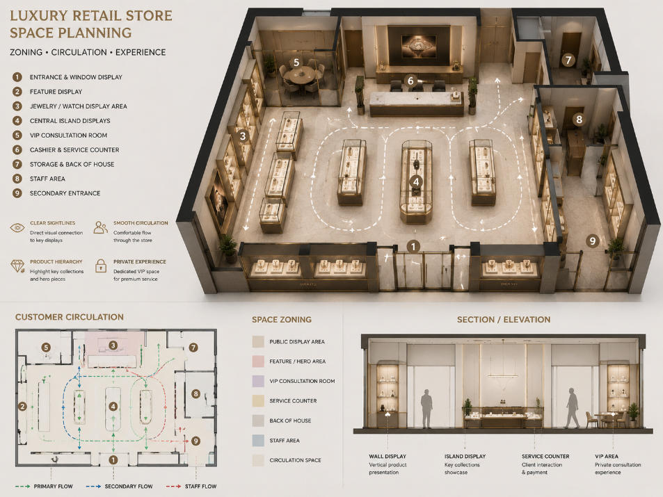 Luxury retail space planning with customer circulation display zoning consultation areas and fixture layout