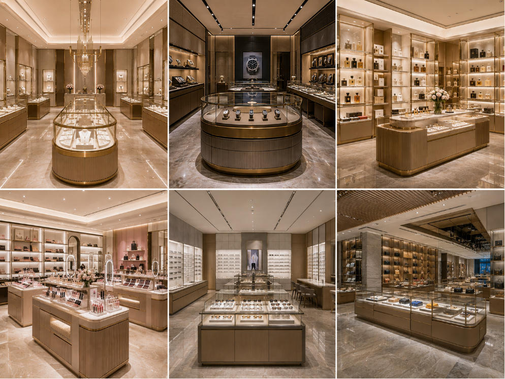 Luxury retail store fixture applications for jewelry watch perfume cosmetics optical and flagship stores