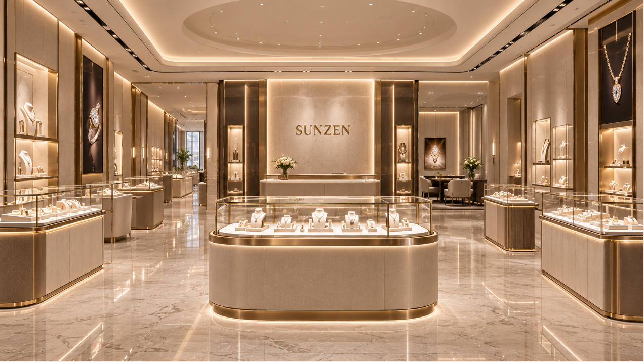 Completed luxury retail store design with coordinated interior lighting display fixtures and premium materials