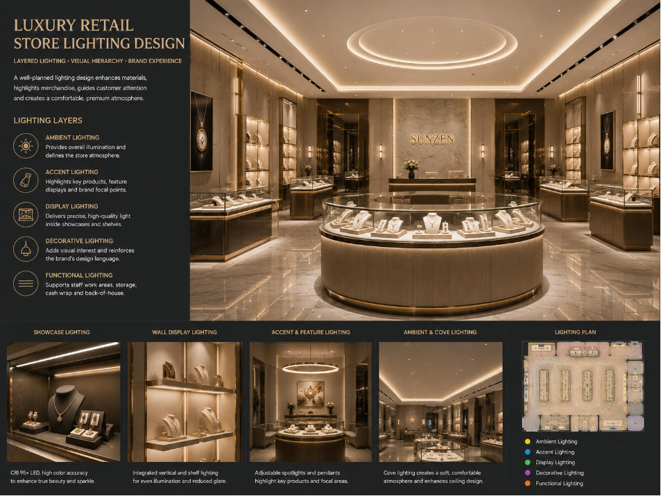 Luxury retail store lighting design with integrated showcase lighting ambient illumination and product presentation