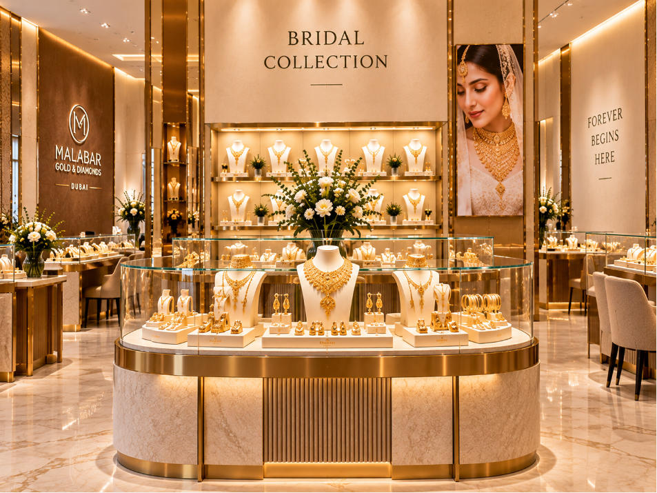 Bridal gold jewelry display inside Malabar Gold Dubai retail store