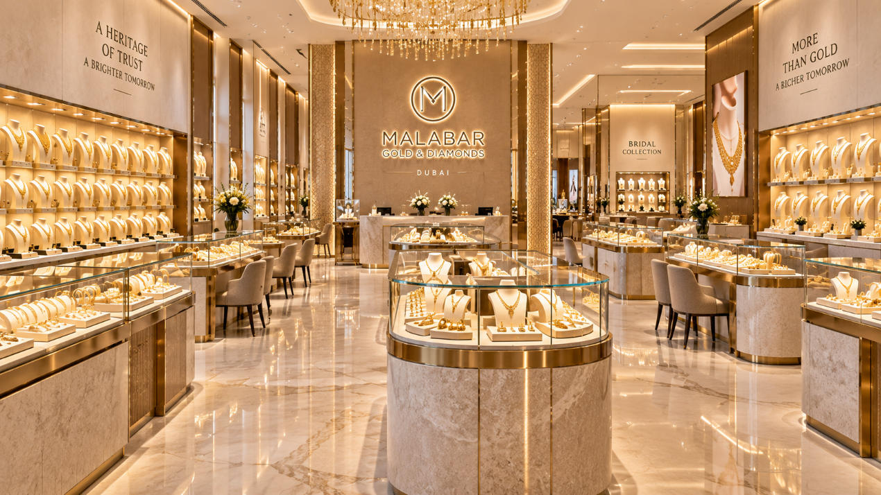 Malabar Gold Dubai gold jewelry display cases inside large Middle Eastern jewelry retail store