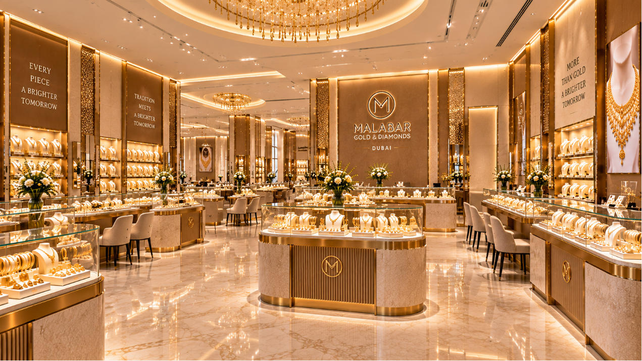 Completed Malabar Gold Dubai store interior with gold jewelry display cases wall showcases and open counters