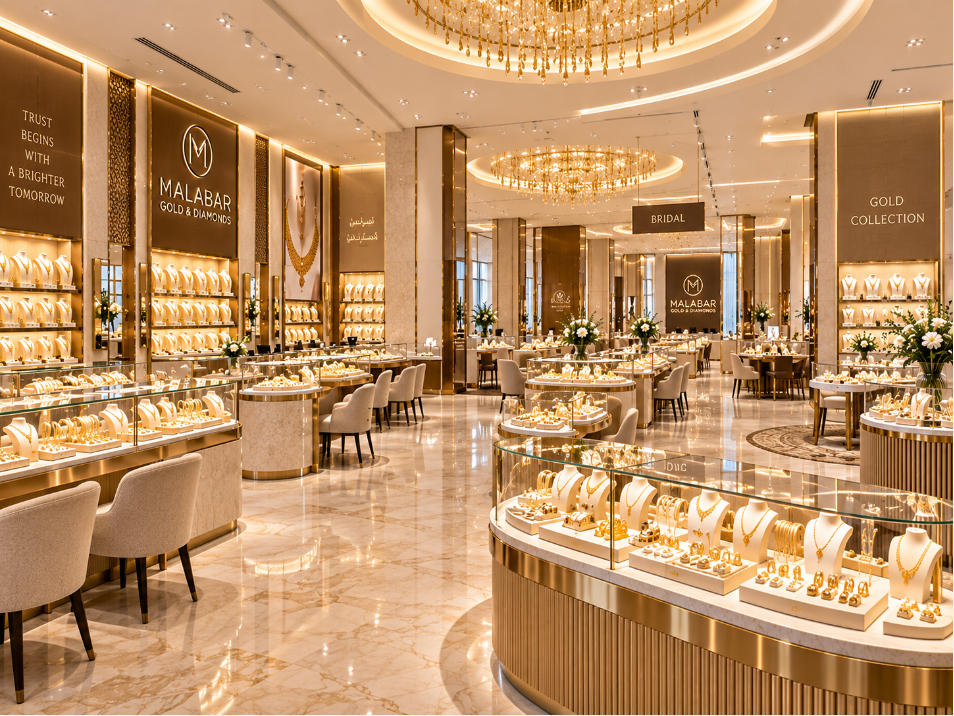 Large Dubai gold jewelry store layout with open counters wall displays and bridal jewelry zones