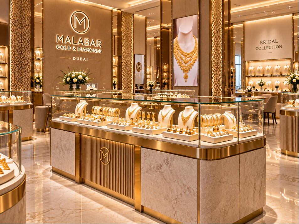 Gold jewelry display case with glass metal marble surfaces and warm focused lighting