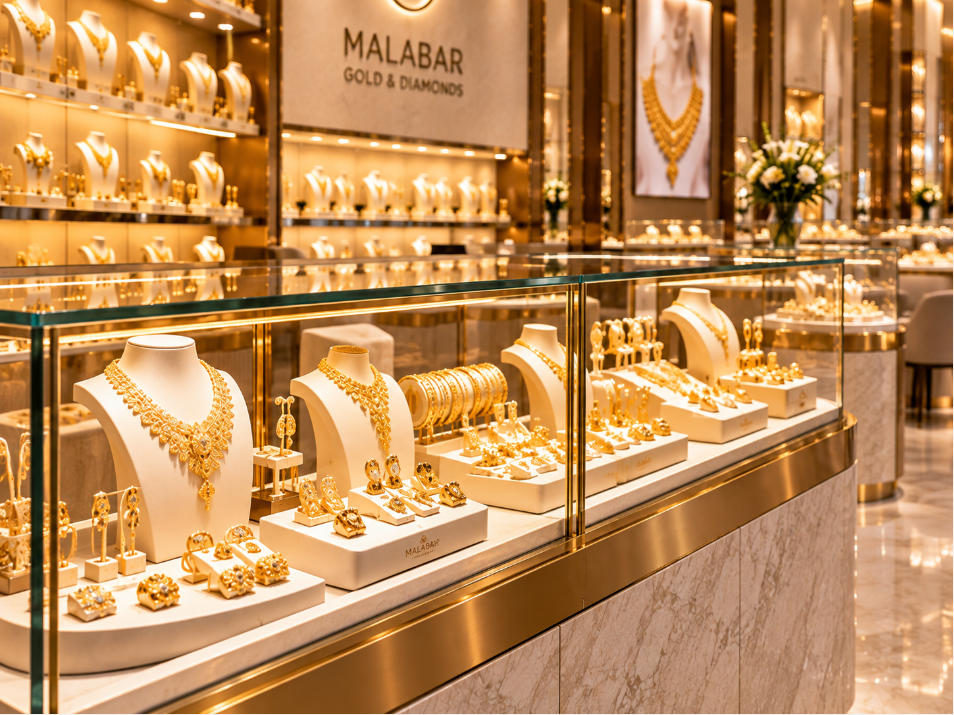 Gold jewelry display detail with illuminated glass counter metal trim and marble surfaces
