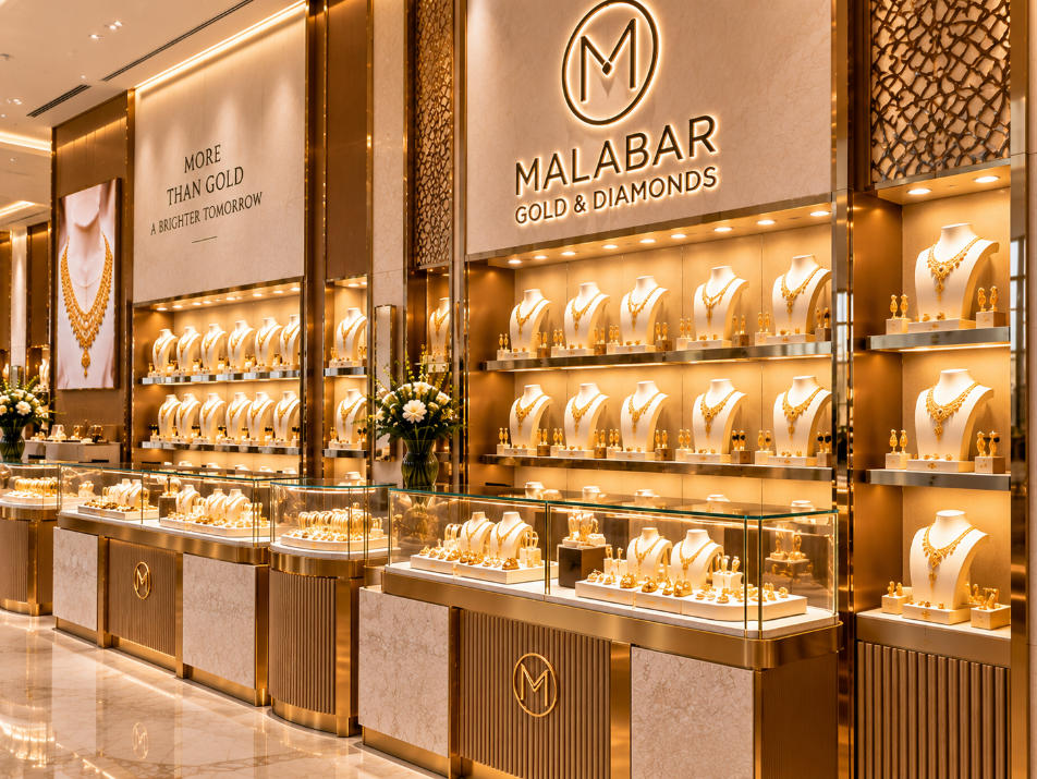 Large illuminated gold jewelry wall showcase with necklaces and jewelry collections