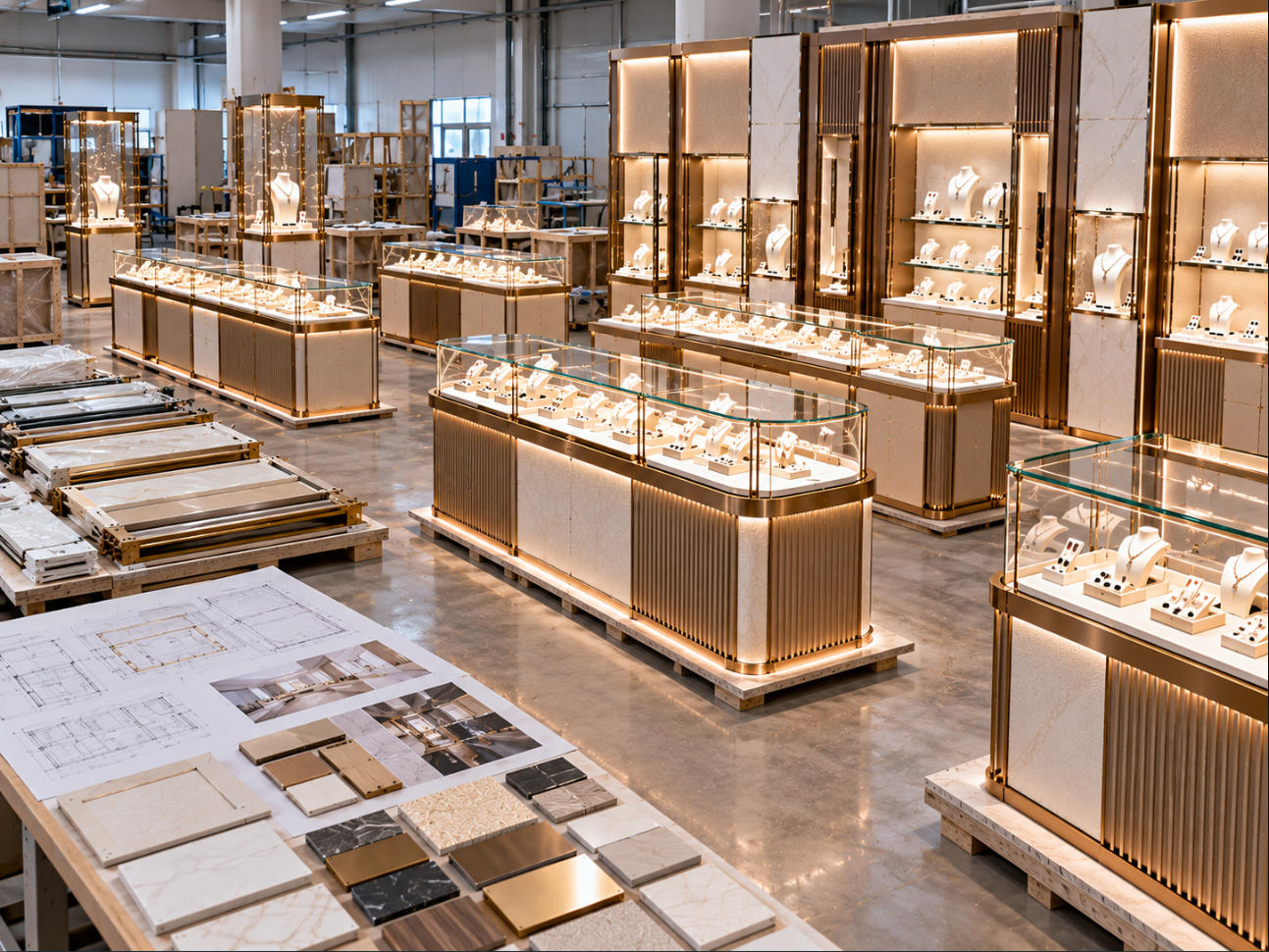 Mall jewelry store fixture pre installation checking coordinated counters showcases wall displays lighting and finish alignment before project delivery