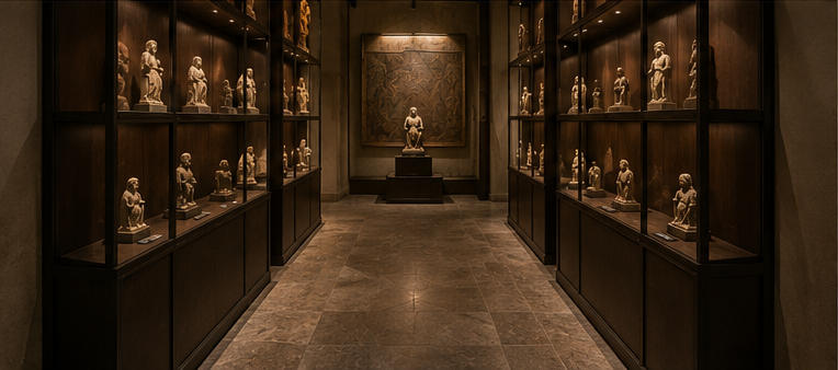 Compact gallery timber rack for narrow aisle sculpture classification