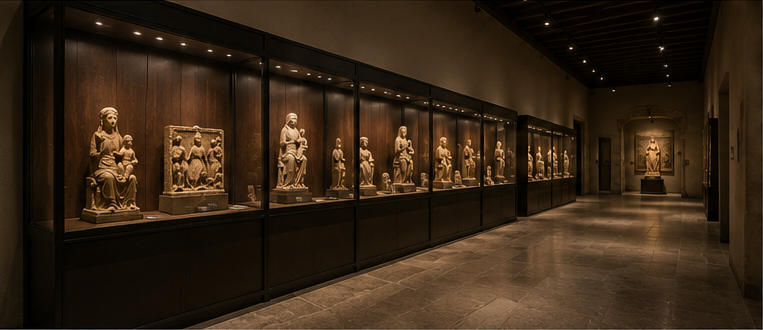 Dark steel antique vitrine for medieval art long corridors