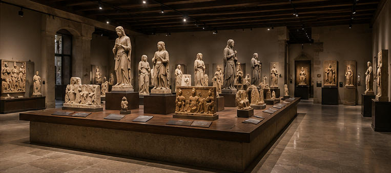 Medieval stone sculpture island for central sculpture viewing hall
